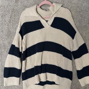Primark Striped V-Neck Sweater - Navy and Cream